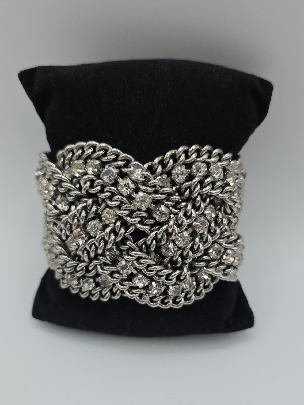 Retired Stella & Dot Petra Bracelet Heavy 2" Wide Braided Chain Rhinestone Cuff